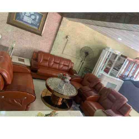 QUALITY 7 SEATERS BROWN LEATHER SOFA & CENTER TABLE (EKIN)