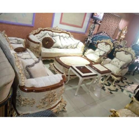 QUALITY DESIGNED 7 CREAM & BROWN SOFA CHAIRS  WITH CENTER TABLE & 2 SIDE STOOLS - AVAILABLE (SETIN)