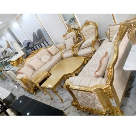 QUALITY DESIGNED 7 GOLD & CREAM SOFA CHAIRS  (WITHOUT CENTER TABLE & SIDE STOOLS) - AVAILABLE (SETIN)