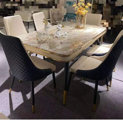 QUALITY DESIGNED BLACK & CREAM MARBLE DINING TABLE WITH 6 CHAIRS - AVAILABLE (OKAF)