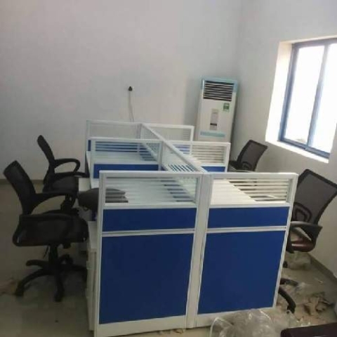 QUALITY DESIGNED BLUE & WHITE  OFFICE 4 MAN WORKSTATION  - AVAILABLE (NOFU)