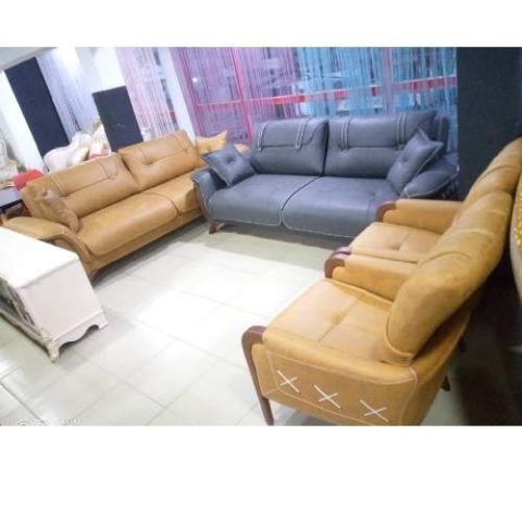 QUALITY DESIGNED GOLD & BLUE 7 SEATERS SOFA CHAIRS (WITHOUT TABLE & STOOLS)-AVAILABLE (SETIN)