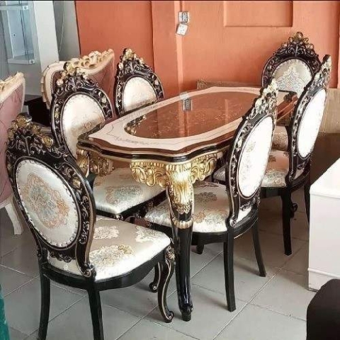 QUALITY DESIGNED ROYAL CREAM & GOLD DINING TABLE WITH 6 CHAIRS  - AVAILABLE (SAINT)