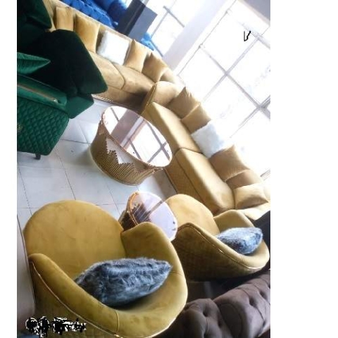 QUALITY DESIGNED TELLOW 7 SEATERS SOFA CHAIRS (WITHOUT TABLE & STOOLS)-AVAILABLE (SETIN)