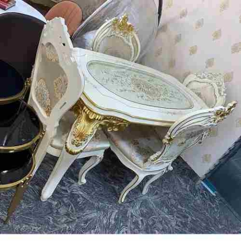 QUALITY DESIGNED WHITE & GOLD 4 CHAIRS DINING SET - AVAILABLE (SOFU)