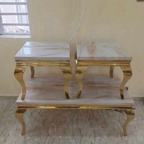 QUALITY DESIGNED WHITE MARBLE & GOLD CENTER TABLE WITH 2 SIDE STOOLS - AVAILABLE (MOBIN)