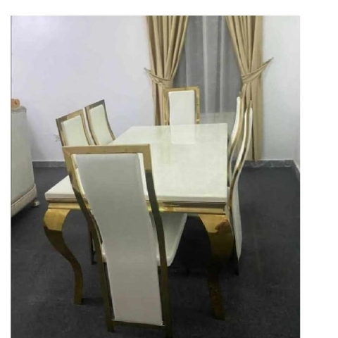 QUALITY DESIGNED WHITE & GOLDE DINING TABLE WITH 6 CHAIRS - AVAILABLE (MOBIN)