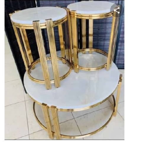 QUALITY DESIGNED WHITE & GOLD ROUND MARBLE CENTER TABLE WITH 2 SIDE STOOLS - AVAILABLE (JAFU)