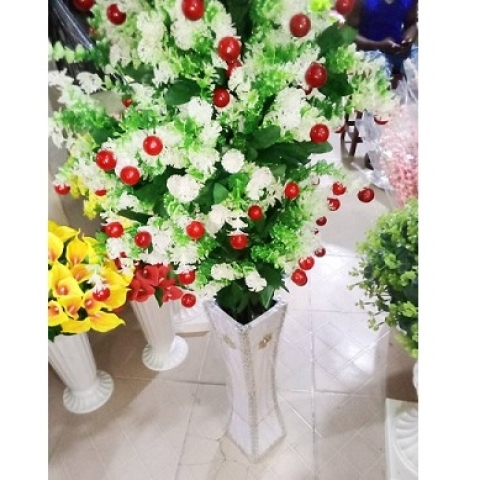 WHITE FLOWER POT WITH GREEN WHITE & RED FLOWERS (IWSL) - Large