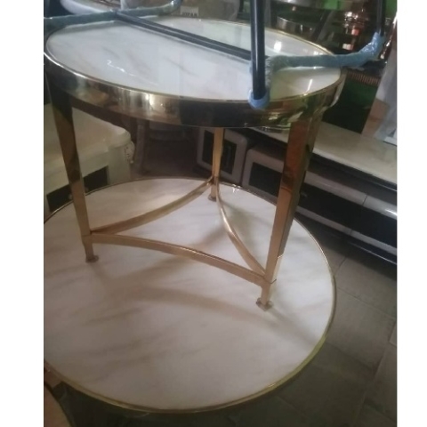 QUALITY DESIGNED WHITE ROUND MARBLE TOP GOLDEN FRAME CENTER TABLE WITH 3 LEGS SIDE STOOLS - (JAFU)