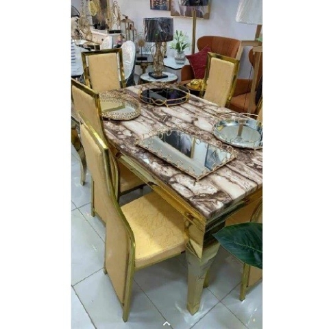 QUALITY DESIGNED BROWN & WHITE MARBLE TOP DINING TABLE WITH 6 CHAIRS - AVAILABLE (MOBIN)