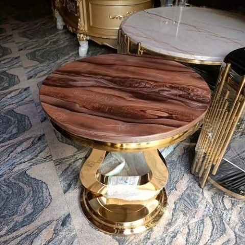 QUALITY DESIGNED BROWN & GOLD MARBLE ROUND SIDE STOOL - AVAILABLE (MOBIN)