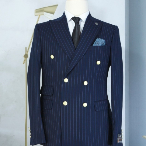 EXECUTIVE NAVY BLUE AND LIGHT BROWN STRIPPED TURKEY SUIT WITH GOLDEN BUTTON