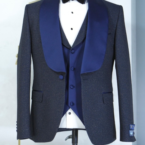 EXECUTIVE DARK GREY AND BLUE 3 PIECE CEREMONIAL SUIT WITH BLUE BUTTON [SWNL]