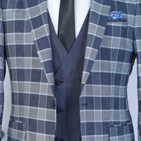 EXECUTIVE LIGHT GREY AND NAVY BLUE 3 PIECE TURKEY CHEKERS SUIT