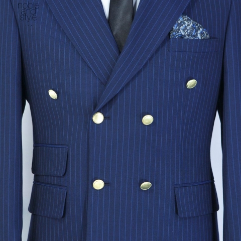 EXECUTIVE NAVY BLUE AND BLUE STRIPPED TURKEY SUIT WITH GOLDEN BUTTON
