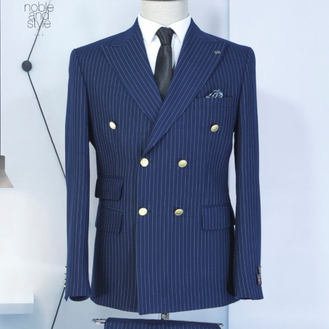 EXECUTIVE NAVY BLUE AND LIGHT BROWN STRIPPED BREASTED TURKEY SUIT WITH GOLDEN BUTTON