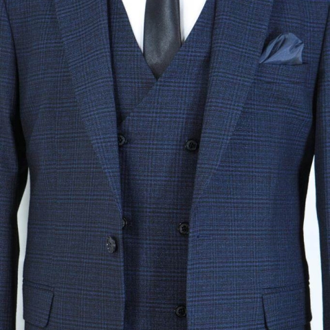 EXECUTIVE NAVY BLUE STRIPPED 3 PIECE TURKEY SUIT WITH BLACK BUTTON