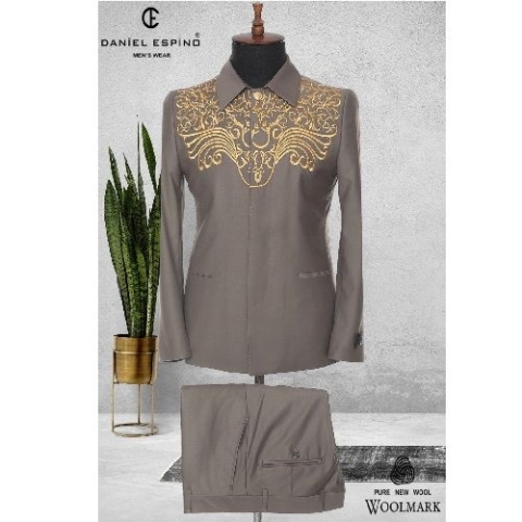 EXECUTIVE LIGHT BROWN TURKEY SUIT WITH GOLDEN DESIGN AND COLLAR | AVAILABLE IN ALL SIZES (DEFAS) (N)