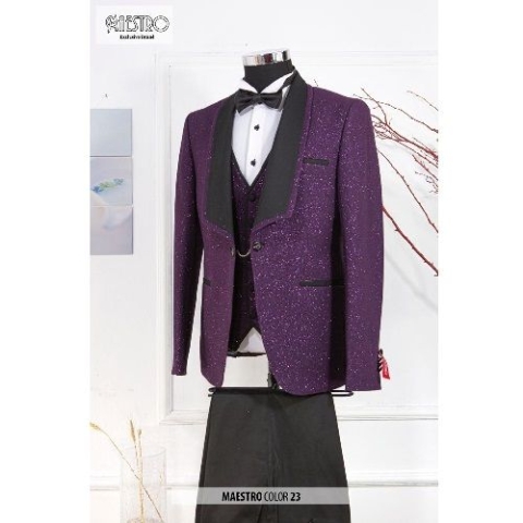EXQUISITE PURPLE AND BLACK CEREMONIAL THREE PIECES TURKEY SUIT WITH BLACK BUTTONS | AVAILABLE IN ALL SIZES (SWNL) (N)