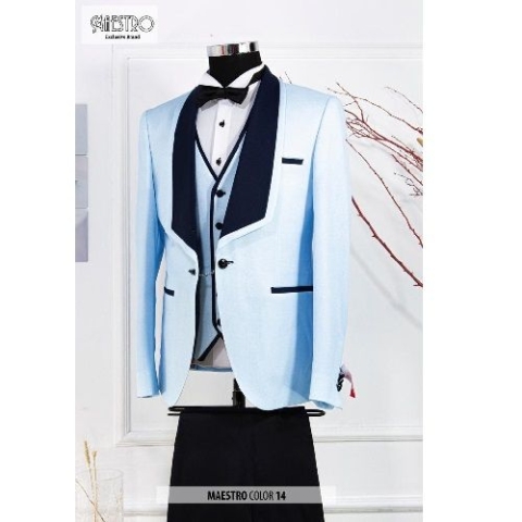 EXQUISITE LIGHT BLUE AND BLACK CEREMONIAL THREE PIECES TURKEY SUIT WITH BLACK BUTTONS | AVAILABLE IN ALL SIZES (SWNL) (N)