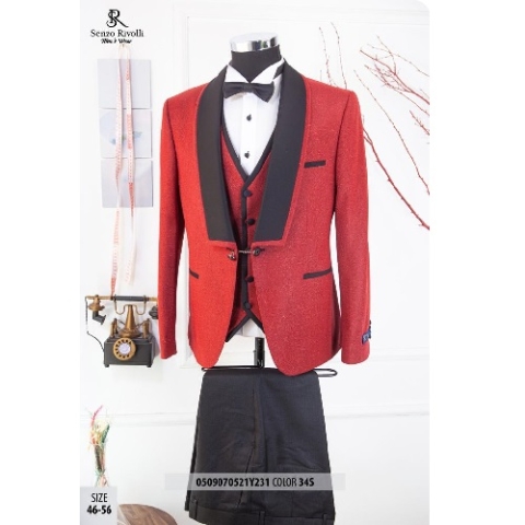 EXQUISITE RED AND BLACK CEREMONIAL THREE PIECES TURKEY SUIT WITH BLACK BUTTONS | AVAILABLE IN ALL SIZES (SWNL) (N)